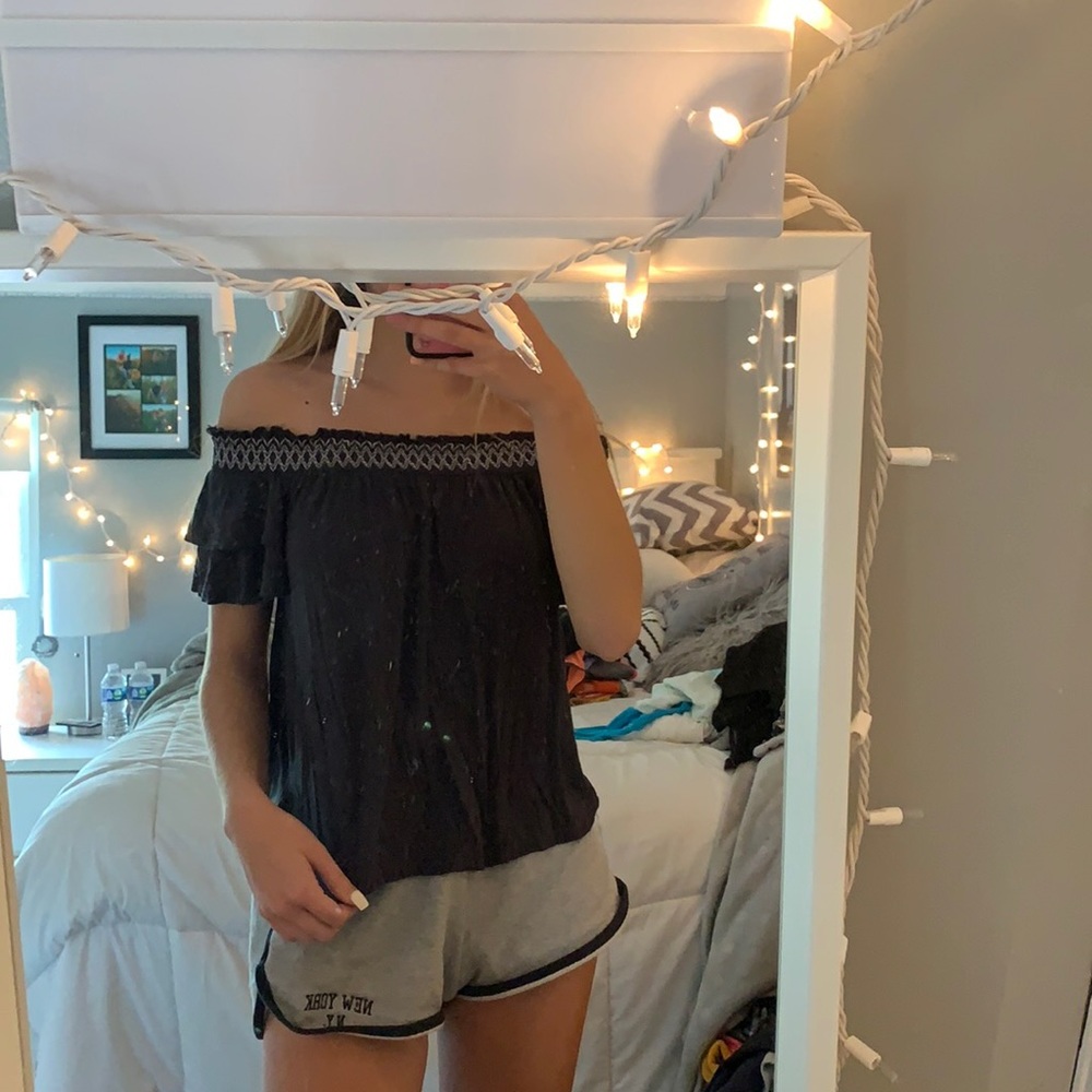 off the shoulder grey ruffled top